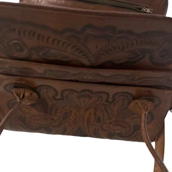 Rare Western Vintage1970 Mexican Tooled Brown Leather Shoulder Bag Tote … - Picture 9 of 11